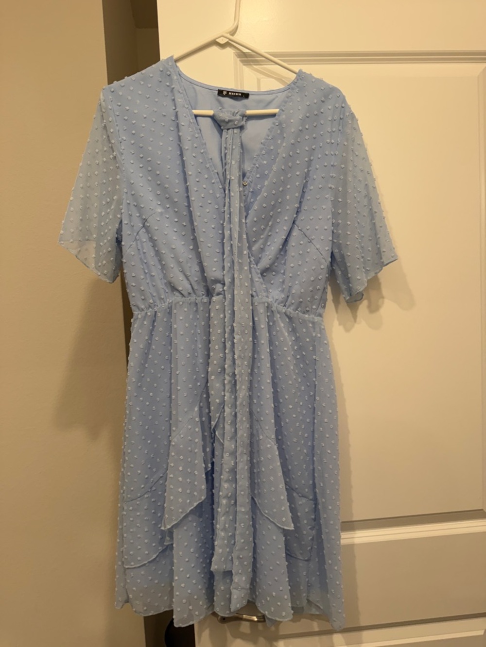 Light Blue Textured Tie-Neck Midi Dress by H&M